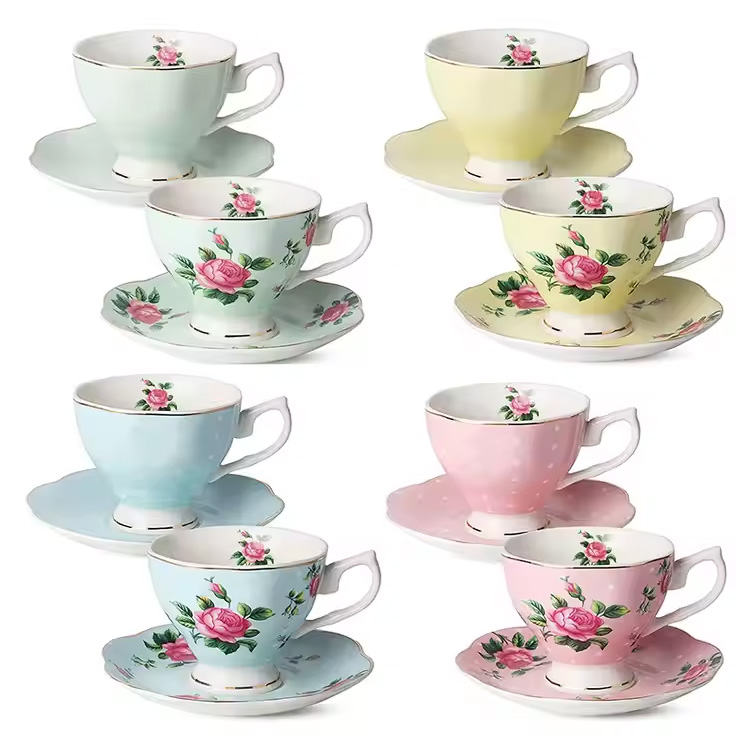Bone China Floral Latte viacfarebné čajové šálky a taniere